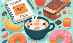 Uma ilustração colorida de comfort foods, como chocolate quente, donut, croissant e frutas, em torno de um caderno que diz “COMFORT FOOD” e um ursinho sorridente.